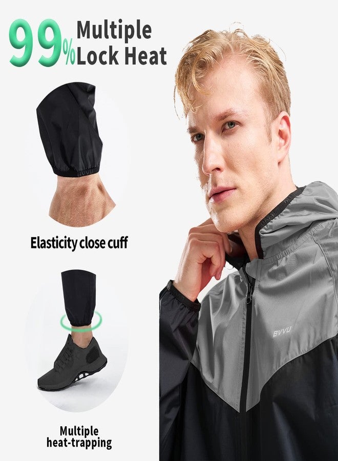 BVVU Sauna Suit for Men Zipper Sweat Suits with Hood Sauna Jacket Pants Gym Workout Full Body Darkgrey 3X-Large - Image 3